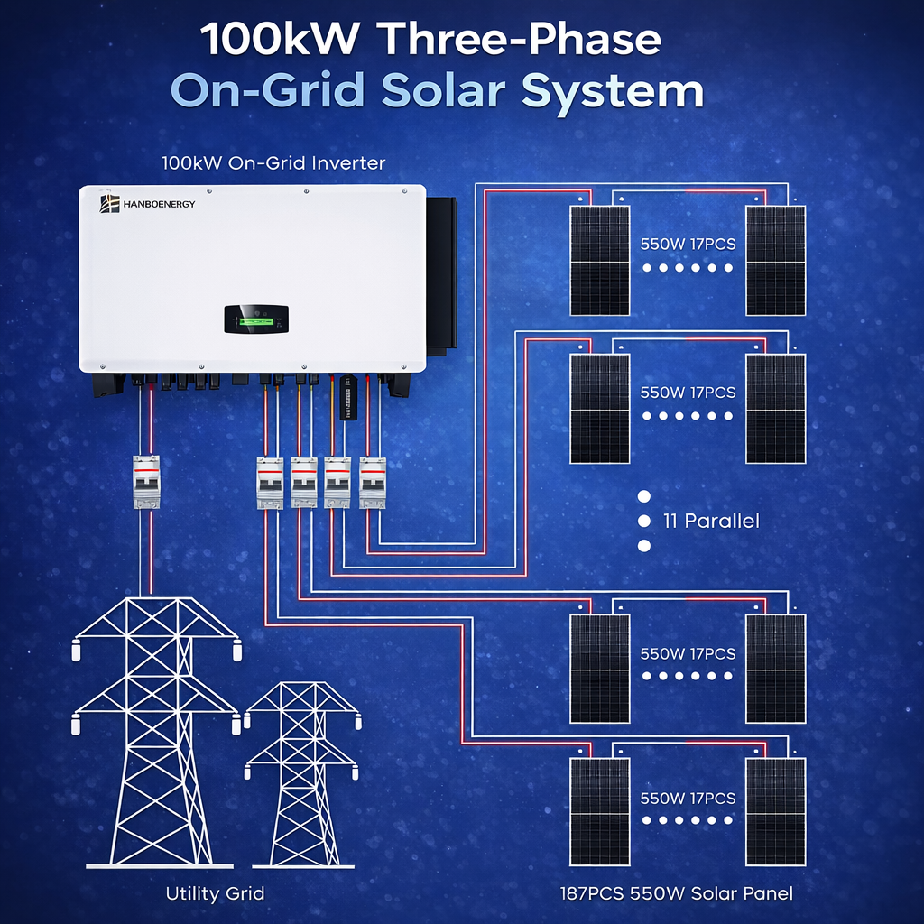 HanboEnergy 30-100kW Hybrid Solar Inverter | 100kVA Three-Phase Grid-Tied System | Commercial & Industrial Use