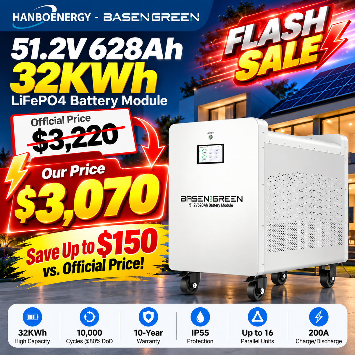51.2V 628AH 32Kwh (Home Energy Storage Save Up to $250 vs. Official Price) Push-Pull Cooling Battery Pack LiFePO4 Support OEM/ODM